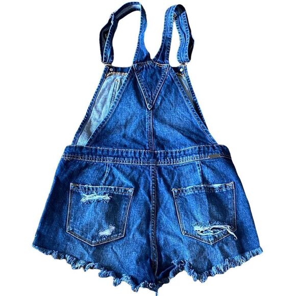 KanCan Sz Sm Estilo Dark Distressed Frayed Hem Denim Adjustable Overall Shorts - Picture 4 of 6